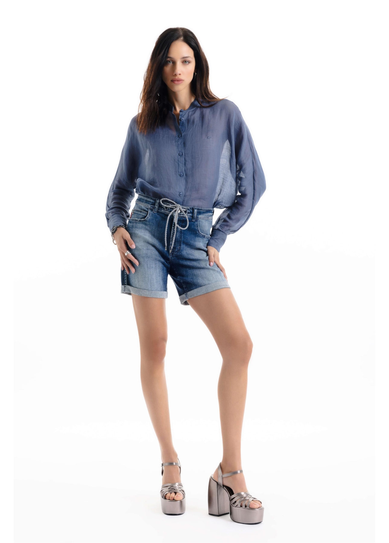 Bermuda Dark Sea Elastic Classic Preppy Lav. Escuro C/ Grampos