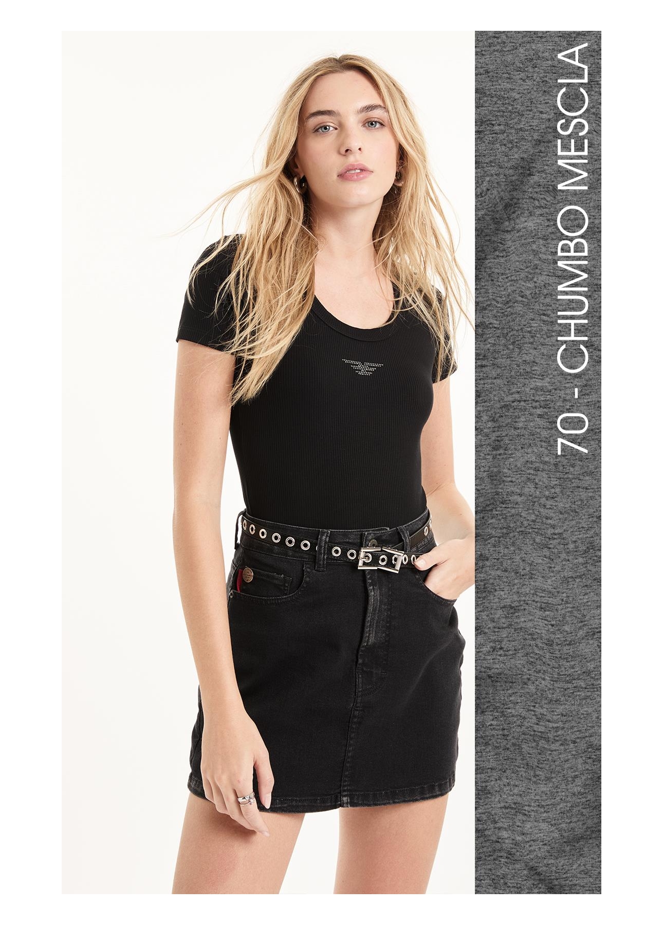 Blusa Baby Look Canelada Hotfix Chumbo Mescla