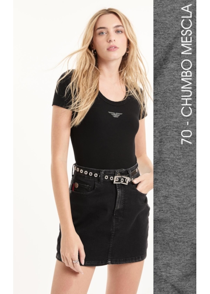 Blusa Baby Look Canelada Hotfix Chumbo Mescla
