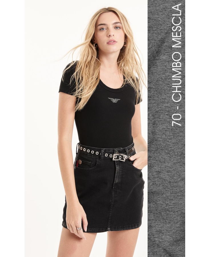 Blusa Baby Look Canelada Hotfix Chumbo Mescla