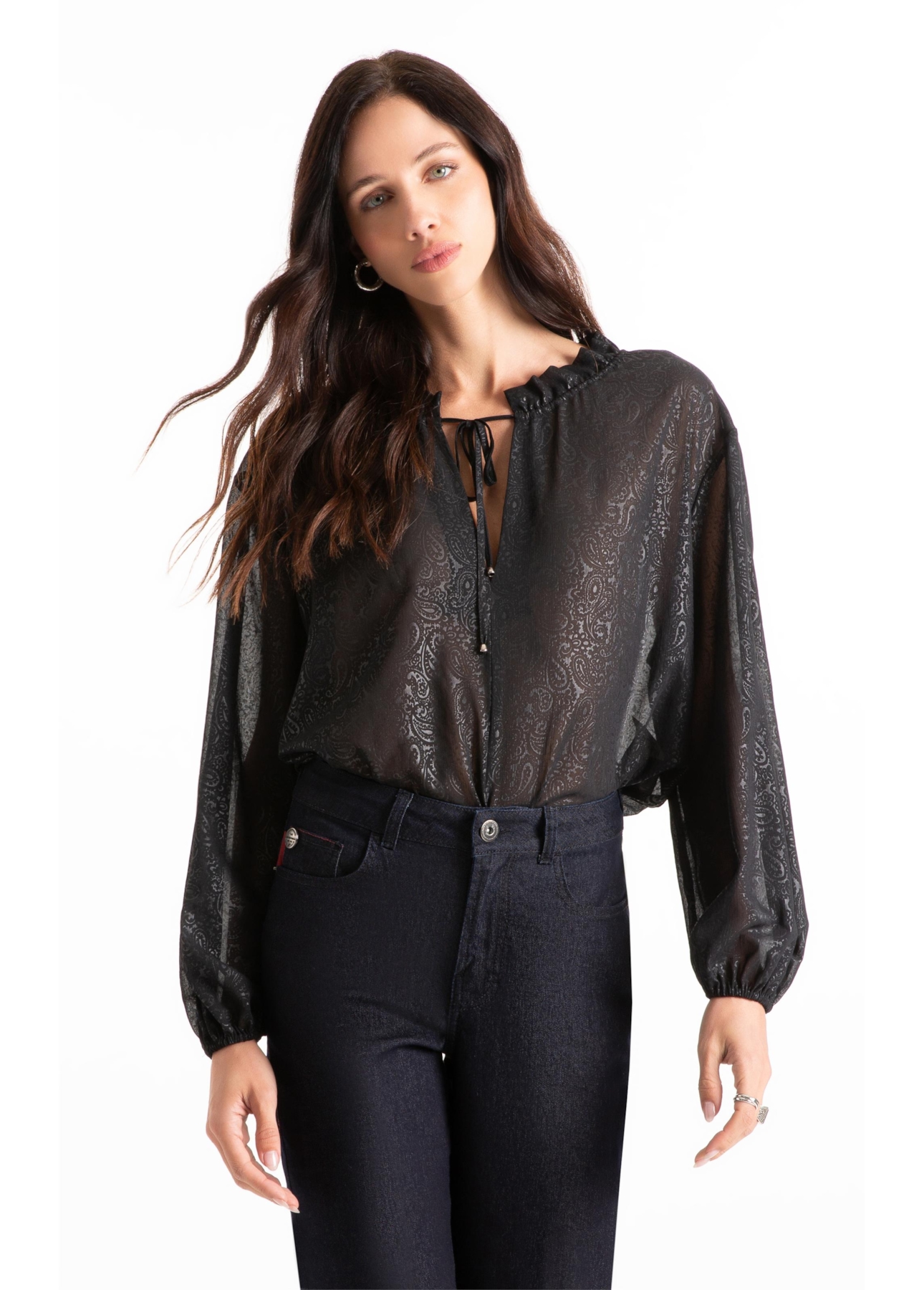Blusa Chiffon Pasley Ruffle Blouse Preto