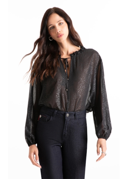 Blusa Chiffon Pasley Ruffle Blouse Preto