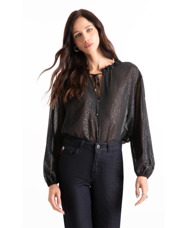 Blusa Chiffon Pasley Ruffle Blouse Preto