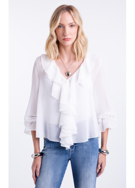 Blusa Chiffon Ruffle Bat Neck Off White