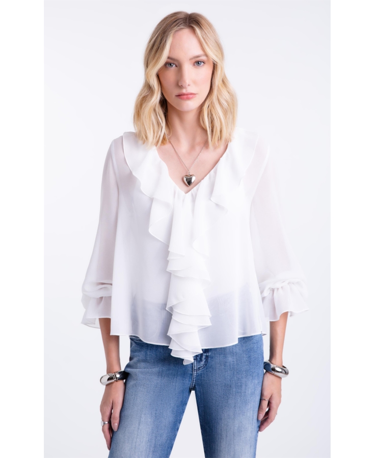 Blusa Chiffon Ruffle Bat Neck Off White