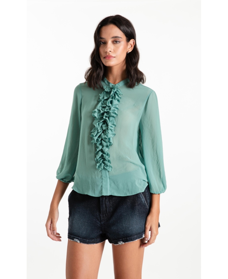 Blusa Chiffon Ruflle Shirt Verde Maca