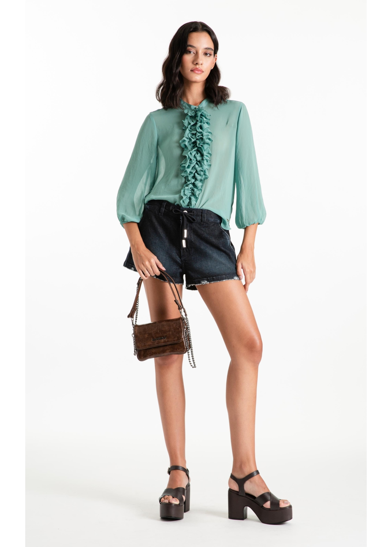 Blusa Chiffon Ruflle Shirt Verde Maca