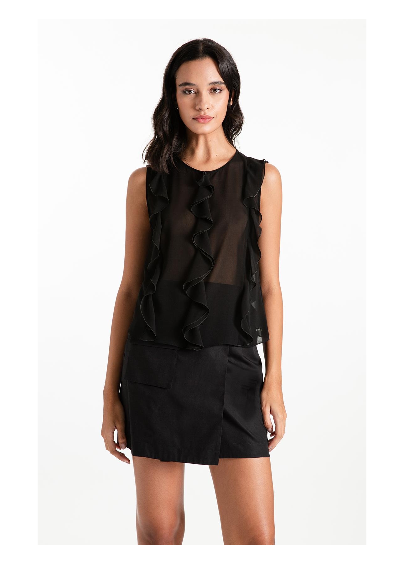 Blusa Chiffon Sleeveless Ruffles Preto