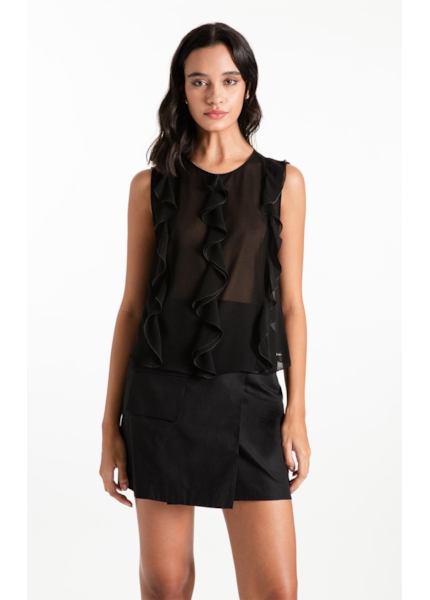 Blusa Chiffon Sleeveless Ruffles Preto