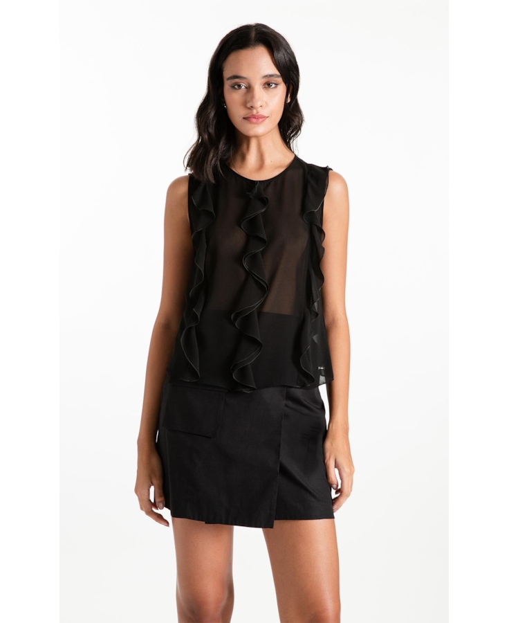 Blusa Chiffon Sleeveless Ruffles Preto