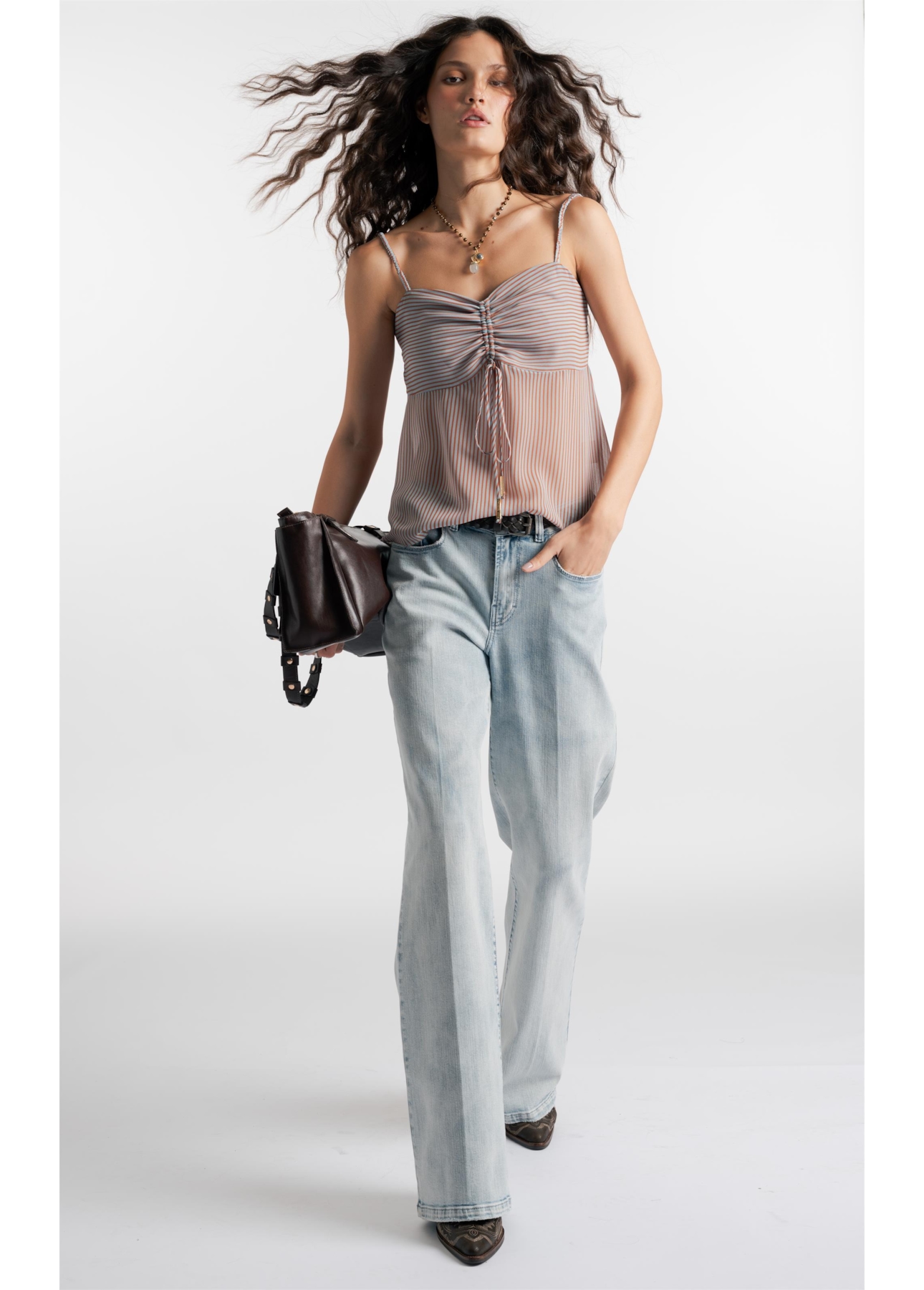 Blusa Chiffon Stripes Strappy Fluid Ruffle Azul Claro