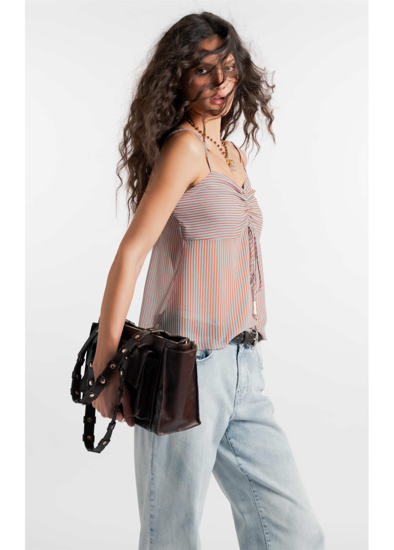 Blusa Chiffon Stripes Strappy Fluid Ruffle Azul Claro