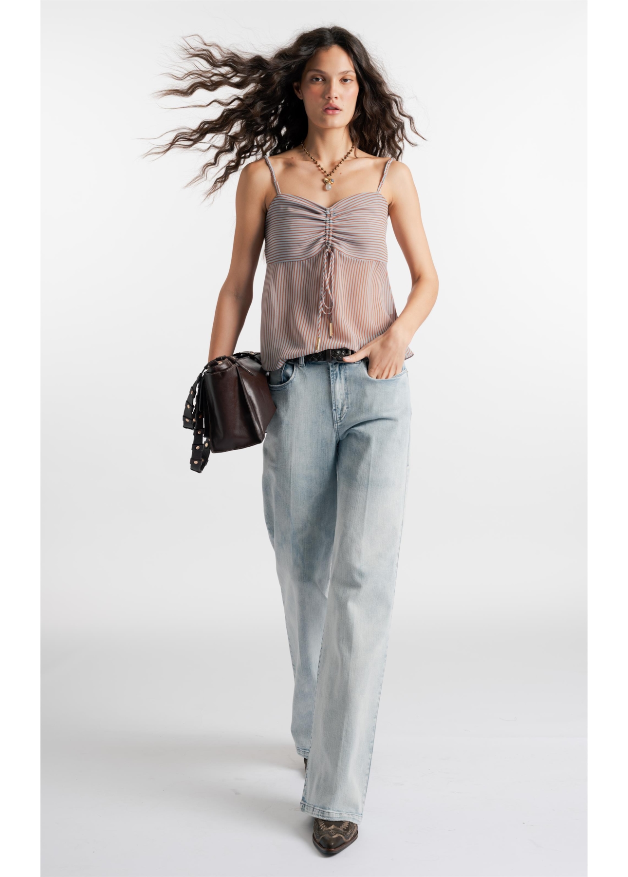 Blusa Chiffon Stripes Strappy Fluid Ruffle Azul Claro