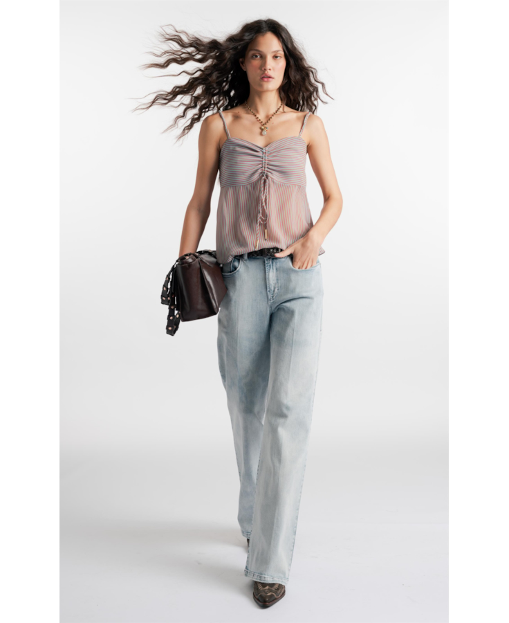 Blusa Chiffon Stripes Strappy Fluid Ruffle Azul Claro