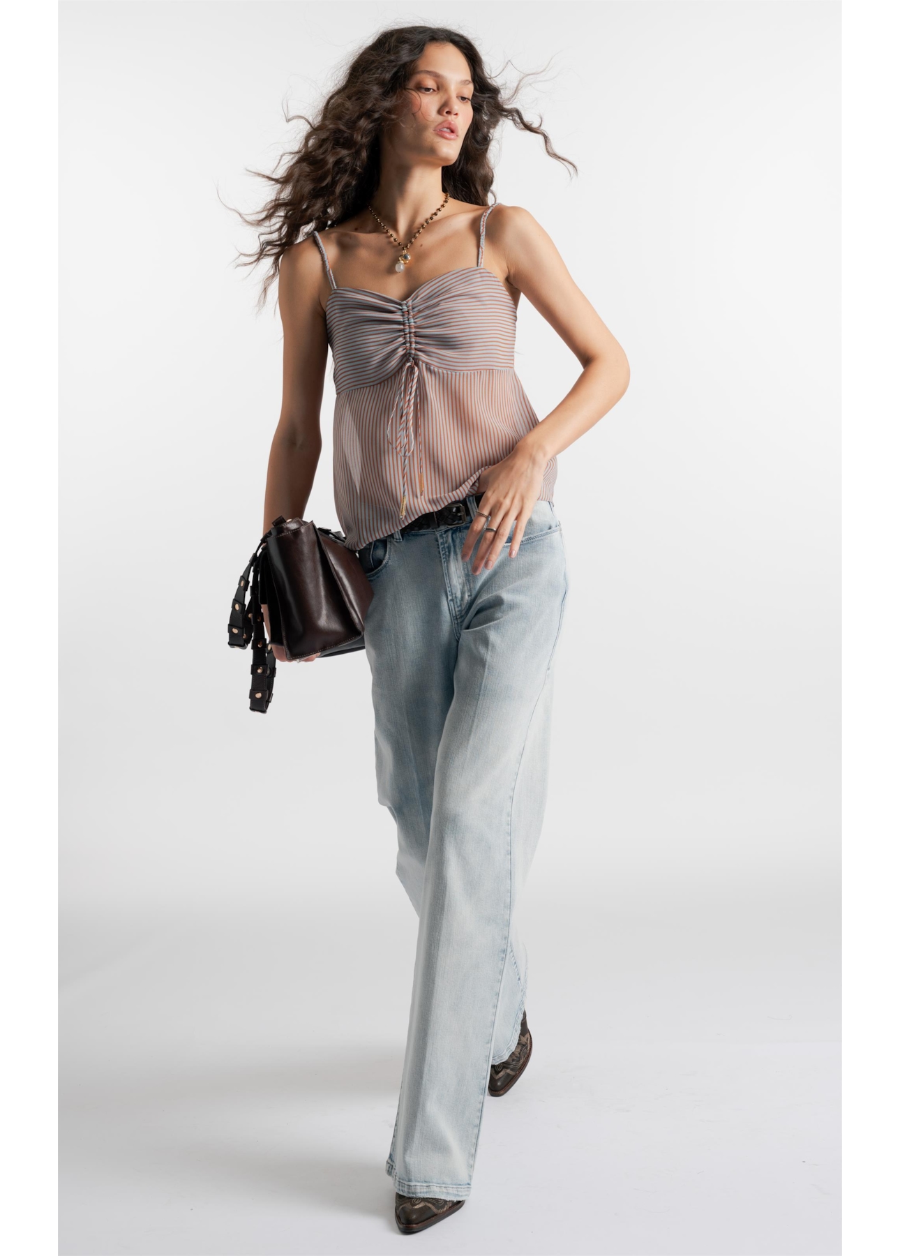 Blusa Chiffon Stripes Strappy Fluid Ruffle Azul Claro
