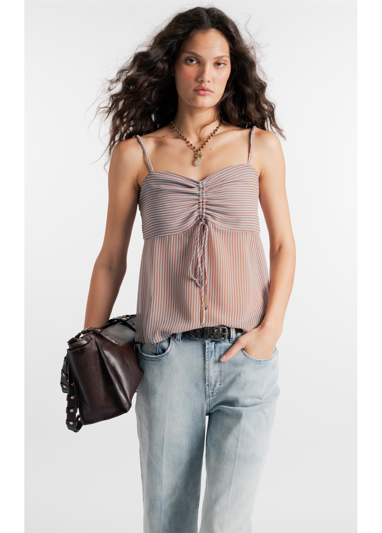Blusa Chiffon Stripes Strappy Fluid Ruffle Azul Claro