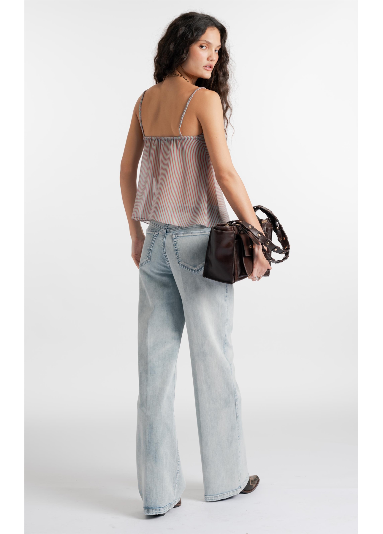 Blusa Chiffon Stripes Strappy Fluid Ruffle Azul Claro