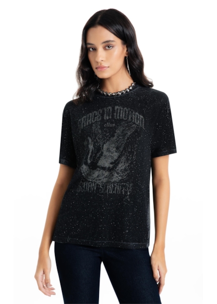 Blusa Cotton Devore Cisne Glitter Preto