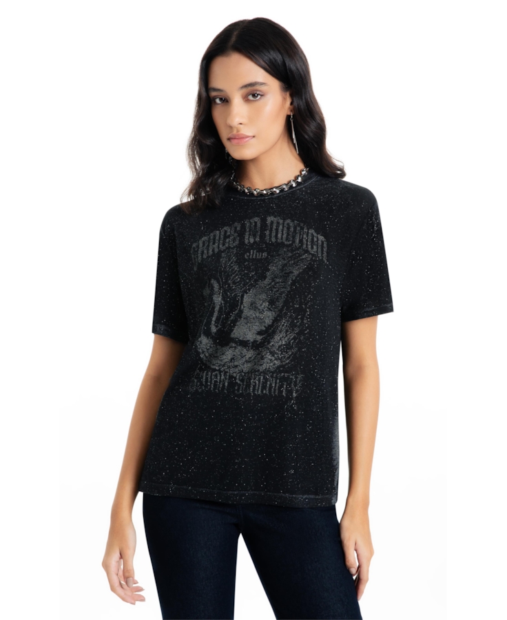 Blusa Cotton Devore Cisne Glitter Preto