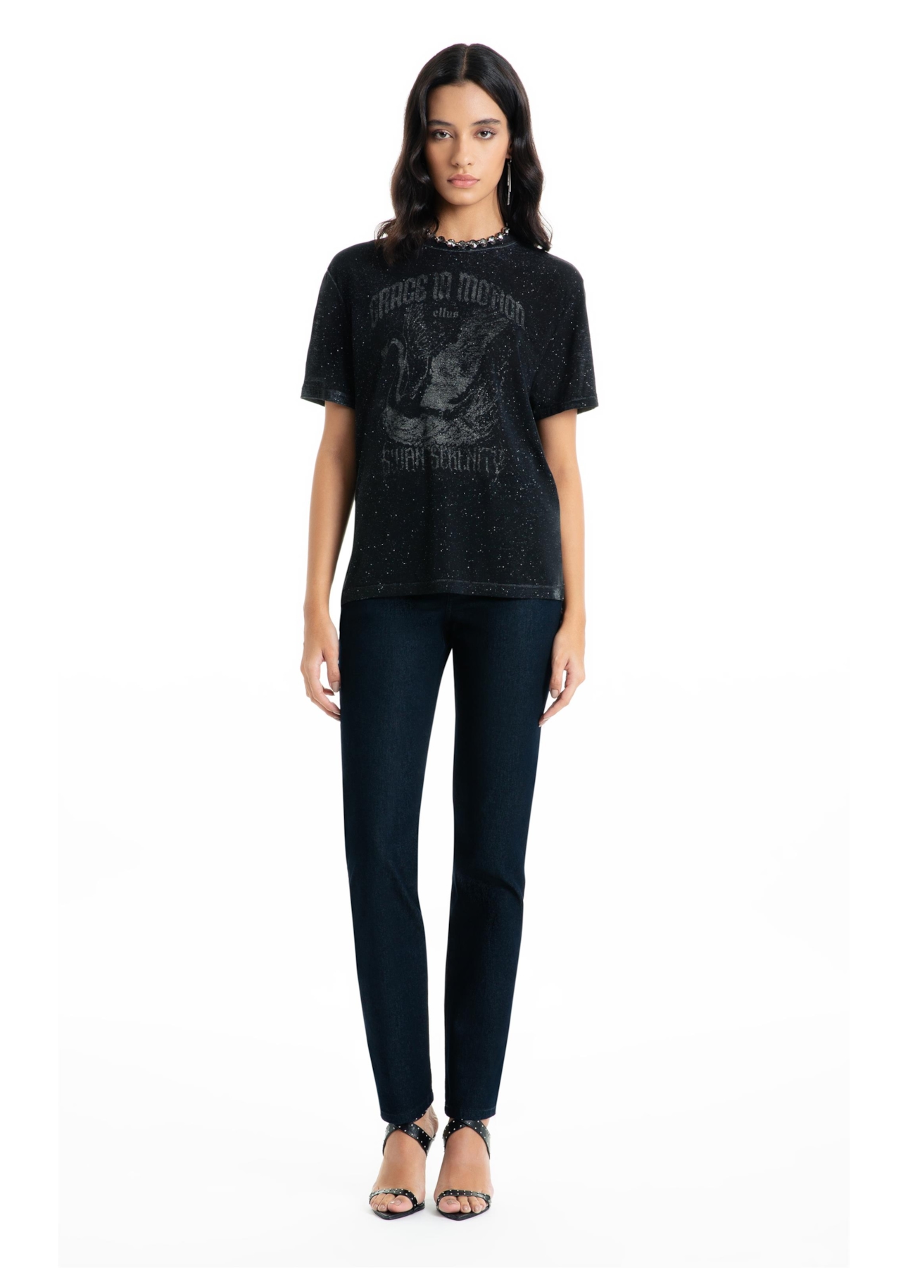 Blusa Cotton Devore Cisne Glitter Preto