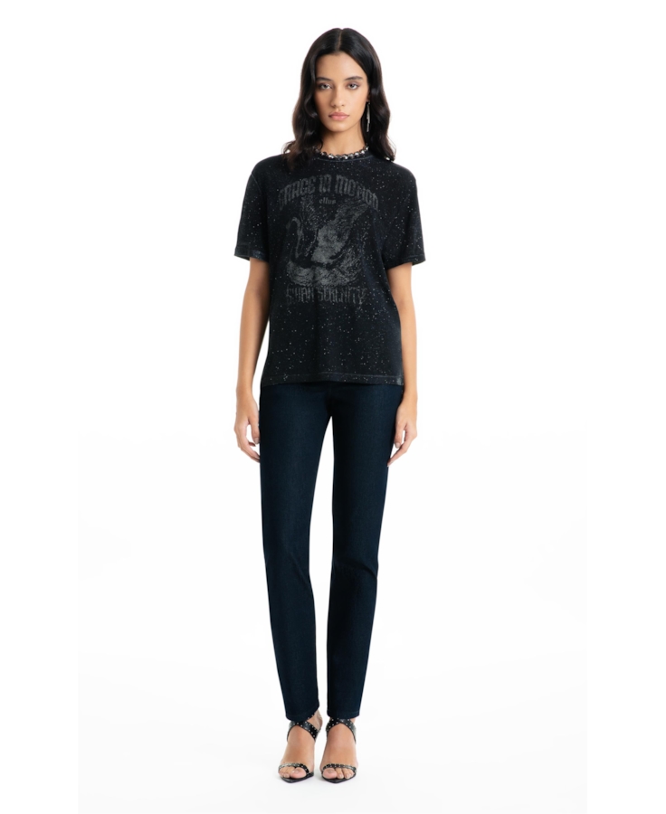 Blusa Cotton Devore Cisne Glitter Preto