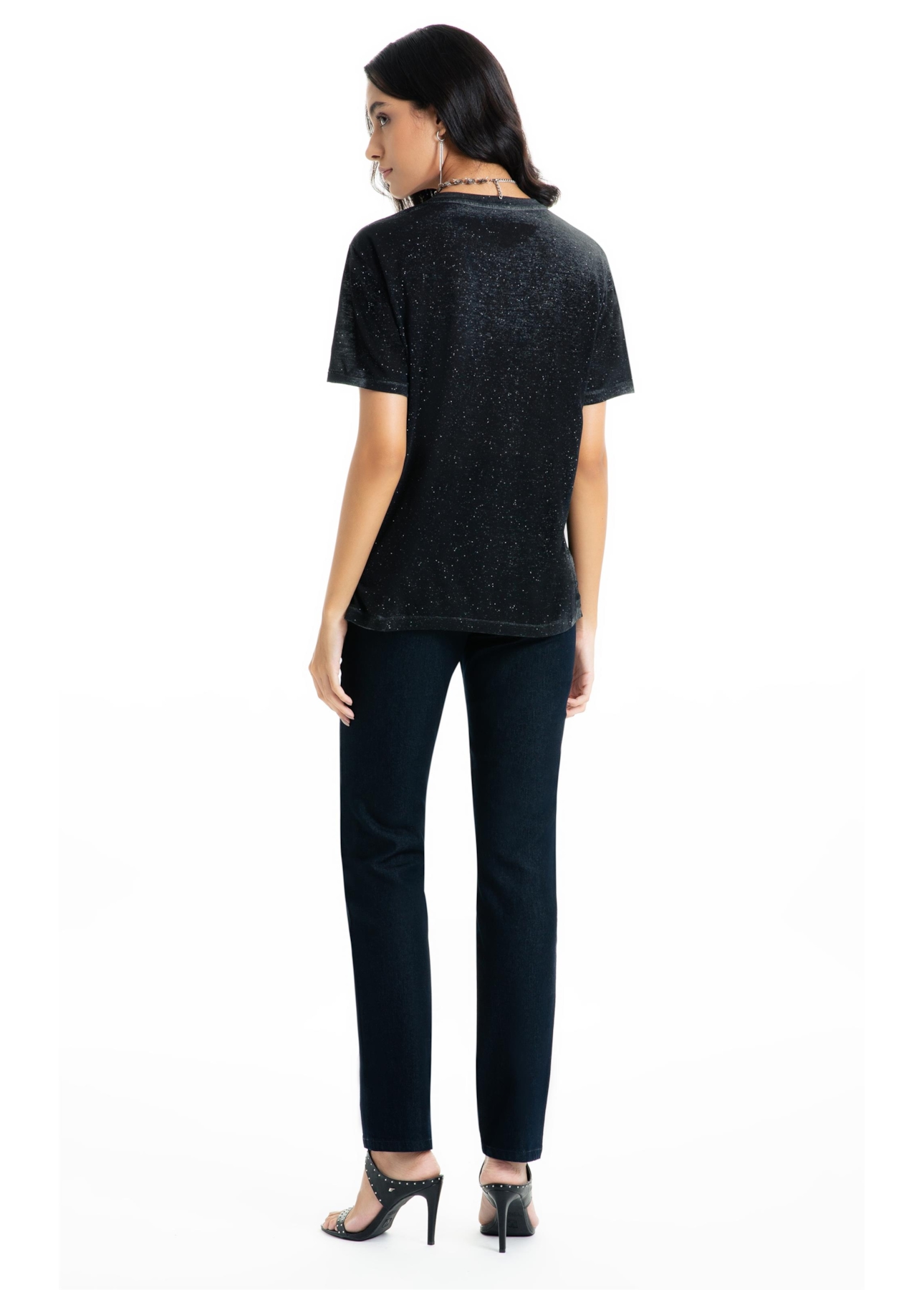 Blusa Cotton Devore Cisne Glitter Preto