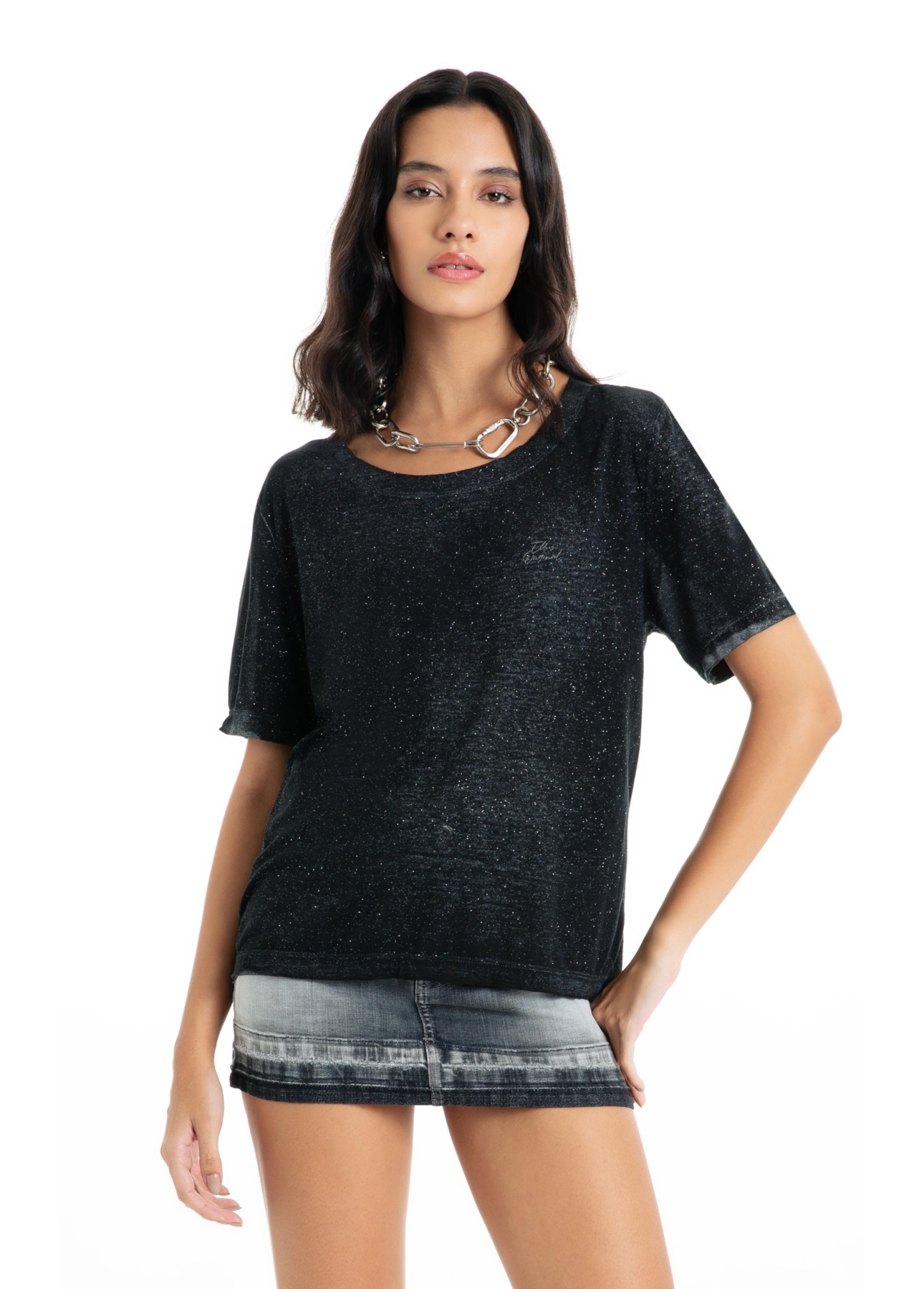 Blusa Cotton Devore Ellus Gótico Glitter Preto
