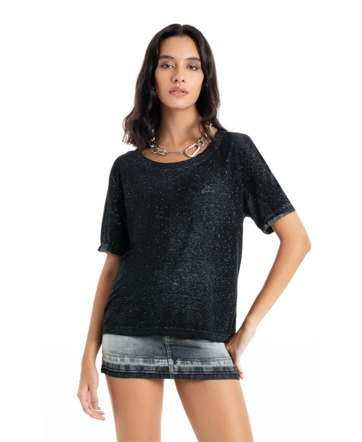 Blusa Cotton Devore Ellus Gótico Glitter Preto