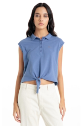 Blusa Cotton Piquet Polo Cropped Sleeveless Azul Jeans