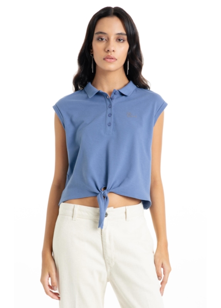 Blusa Cotton Piquet Polo Cropped Sleeveless Azul Jeans