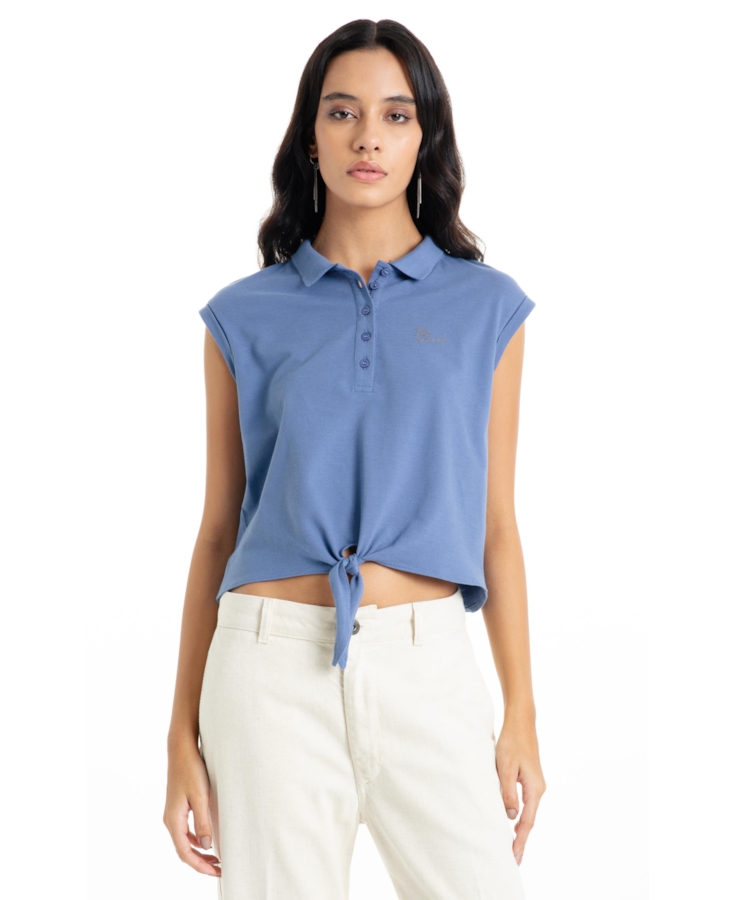 Blusa Cotton Piquet Polo Cropped Sleeveless Azul Jeans