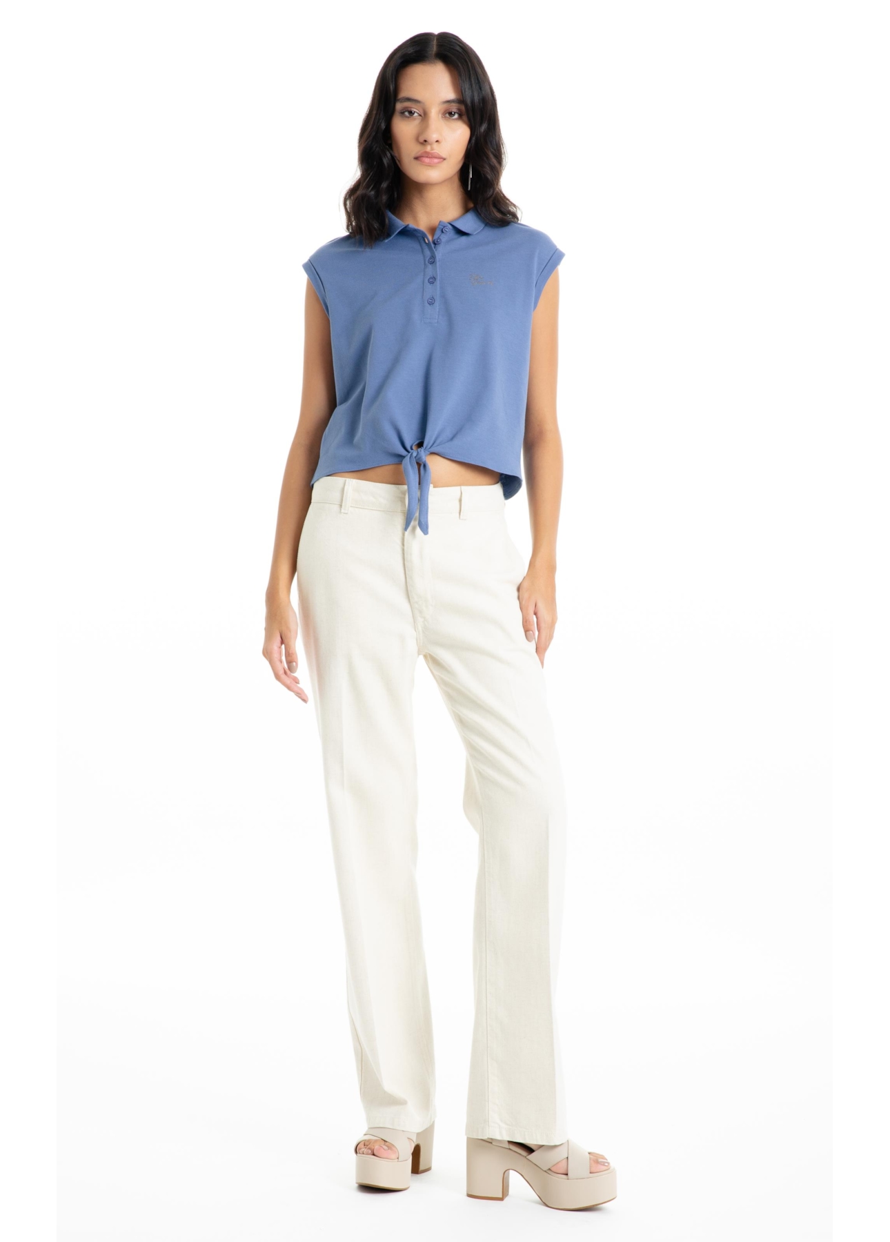 Blusa Cotton Piquet Polo Cropped Sleeveless Azul Jeans