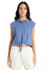 Blusa Cotton Piquet Polo Cropped Sleeveless Azul Jeans