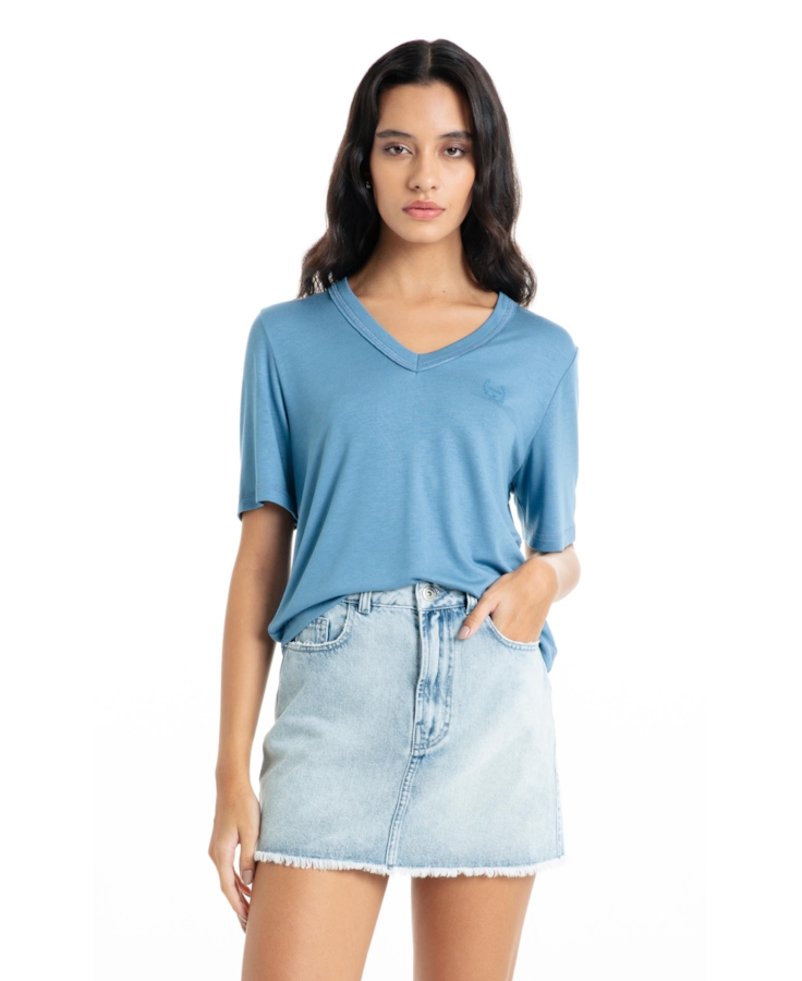 Blusa Ellus Viscolinho Decote v Azul Jeans