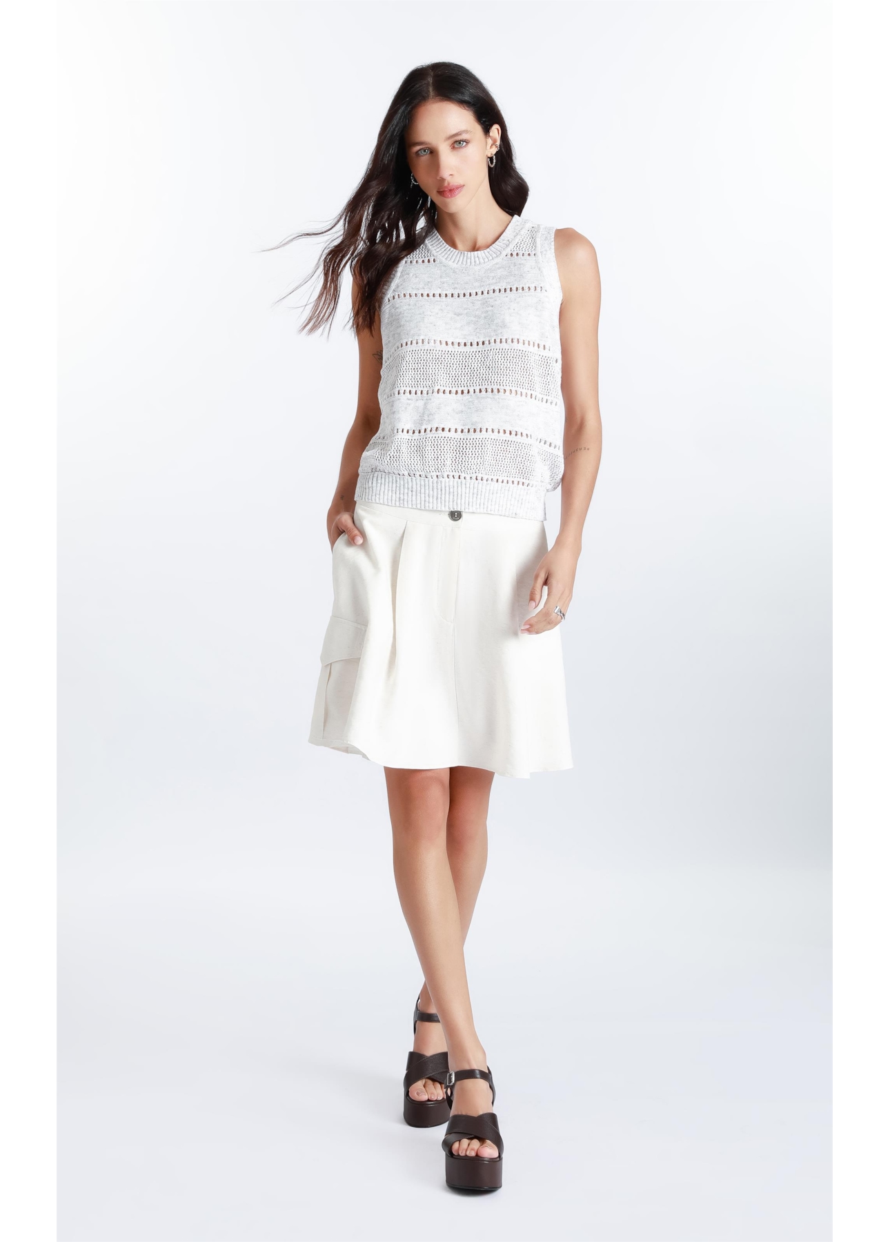 Blusa Flame Texture Stripes  Sleeveless Natural