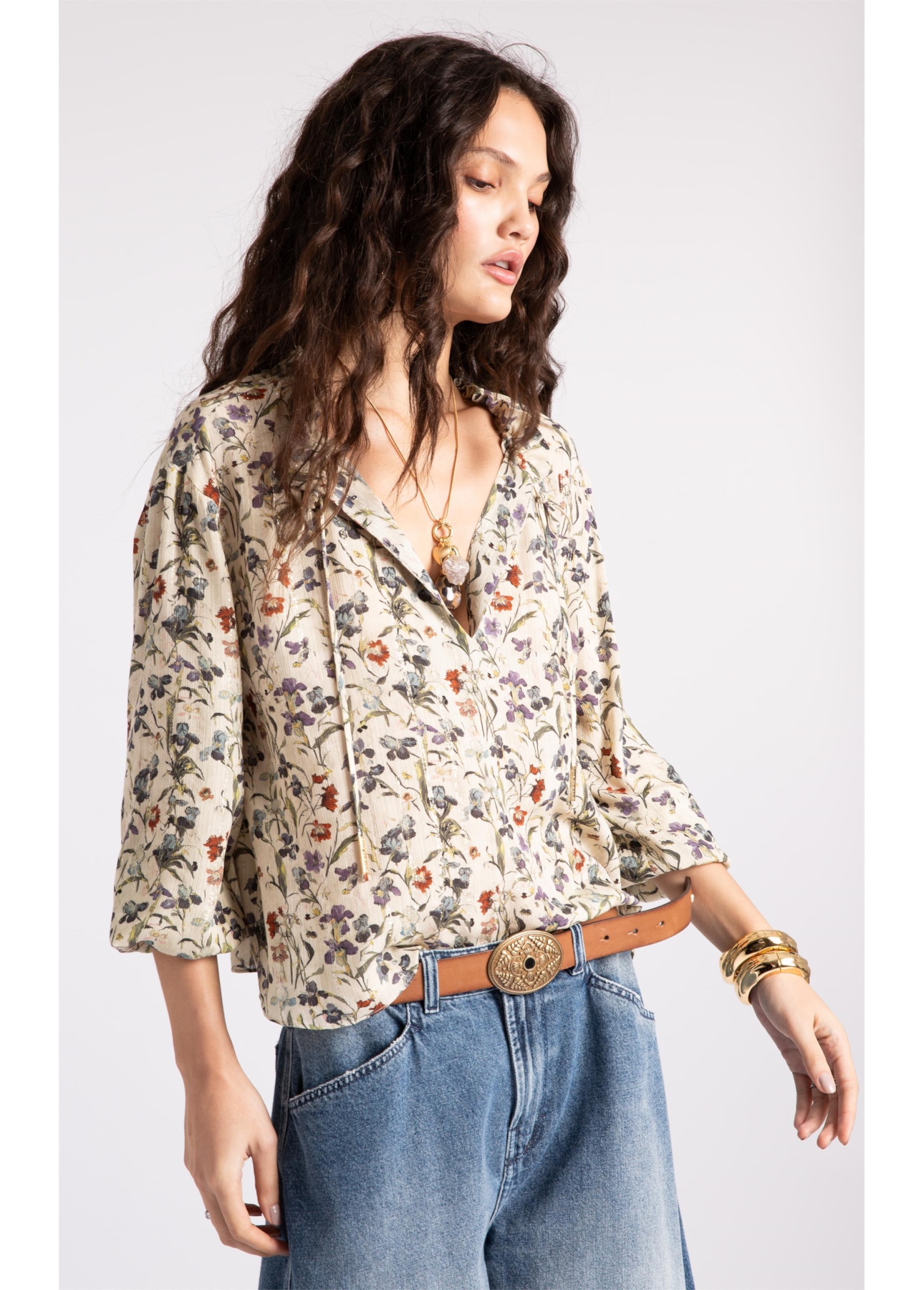 Blusa Floral Rolly Ruffle Areia