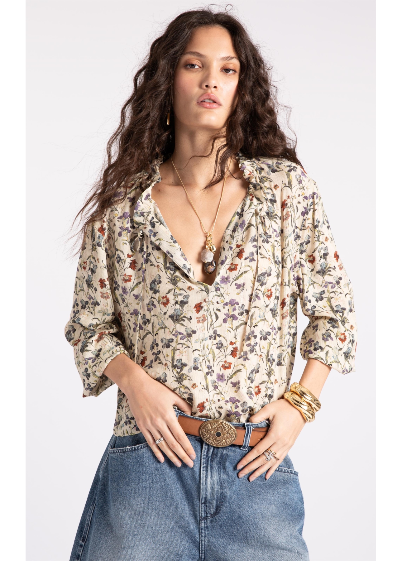 Blusa Floral Rolly Ruffle Areia