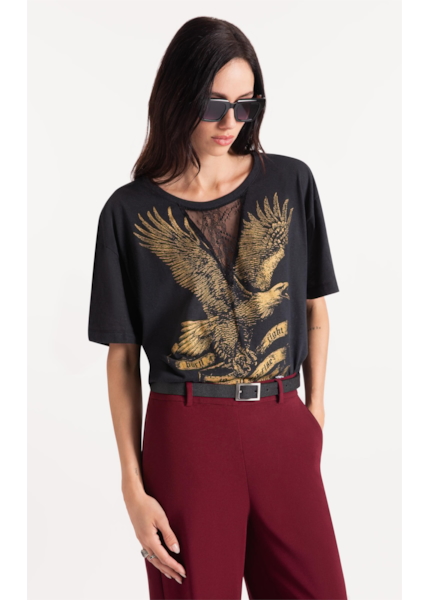 Blusa Gaze Lace Águia Oversized Preto