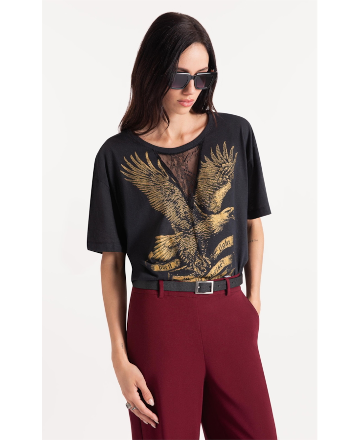 Blusa Gaze Lace Águia Oversized Preto