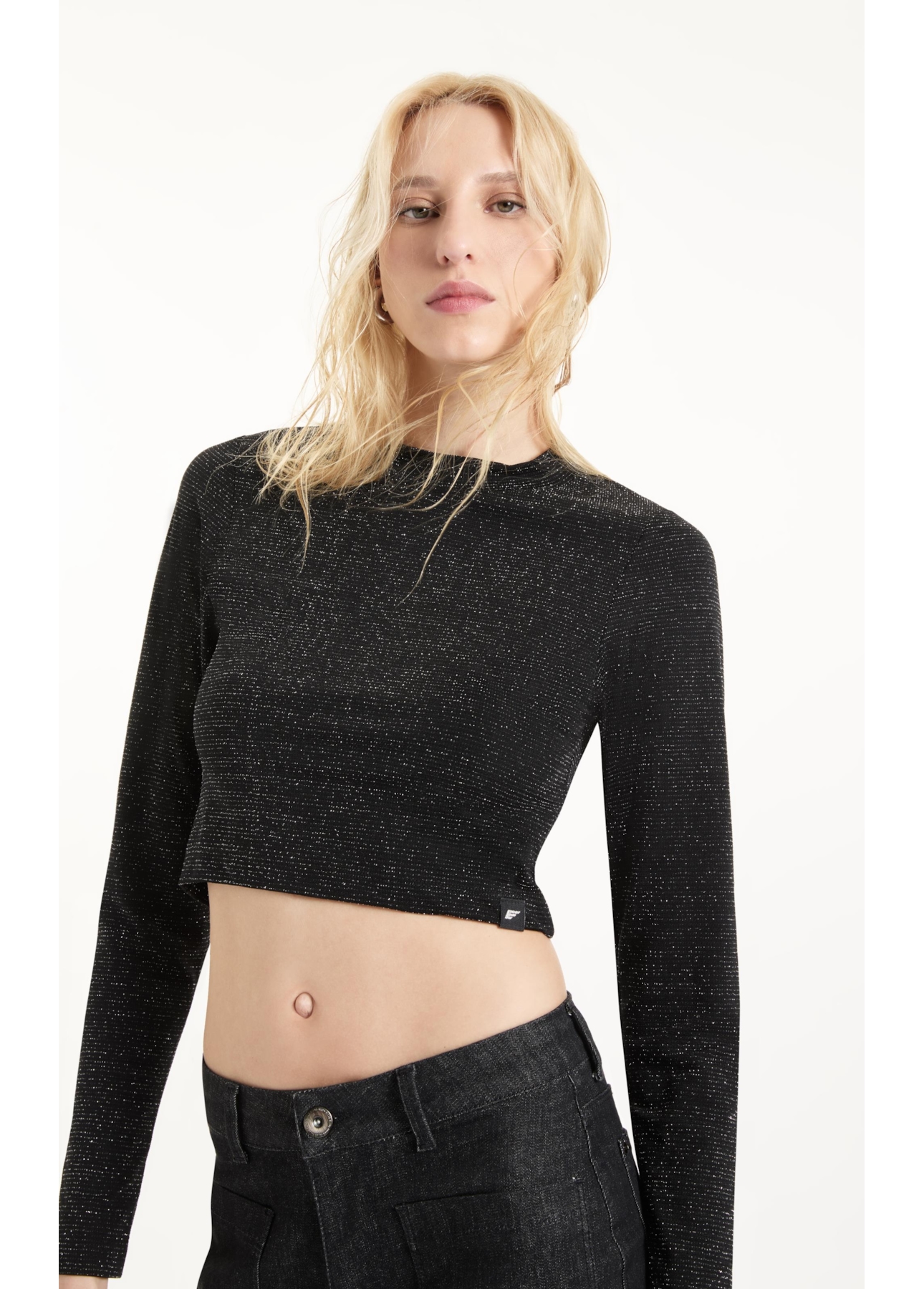 Blusa Jersey Shine Cropped Preto C/ Prata