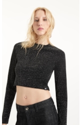 Blusa Jersey Shine Cropped Preto C/ Prata