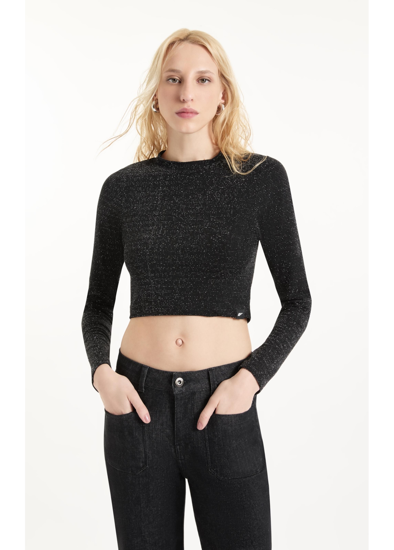 Blusa Jersey Shine Cropped Preto C/ Prata