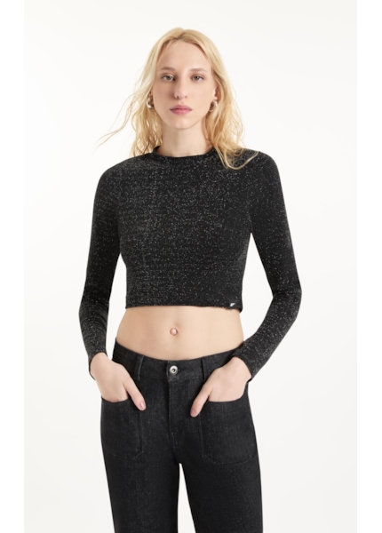 Blusa Jersey Shine Cropped Preto C/ Prata