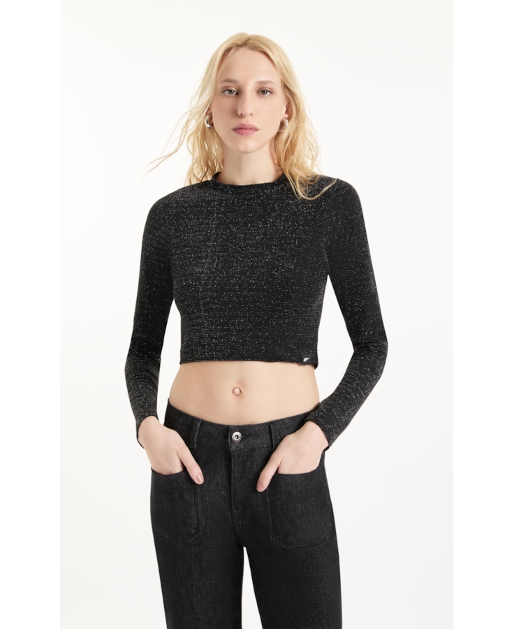 Blusa Jersey Shine Cropped Preto C/ Prata