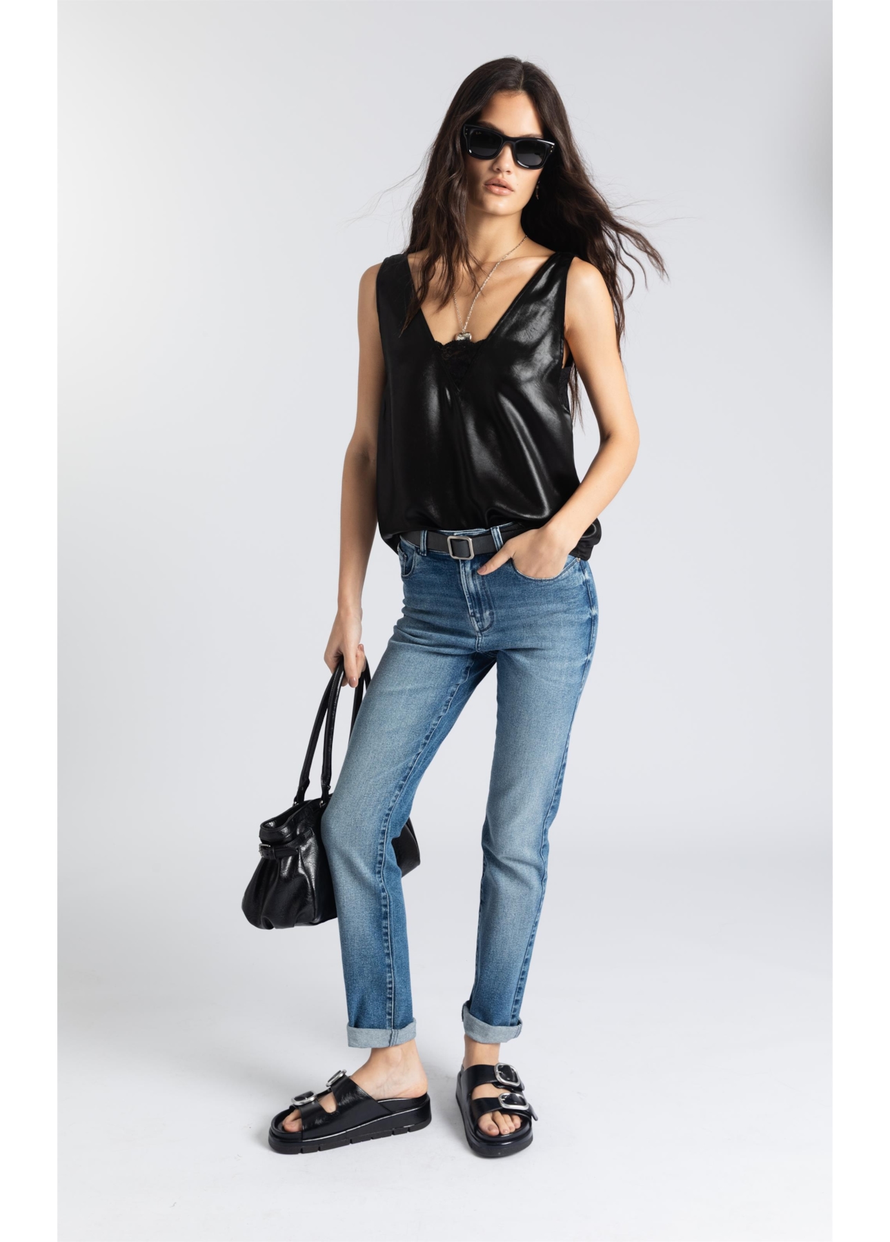 Blusa Liquid Leather Lace Preto