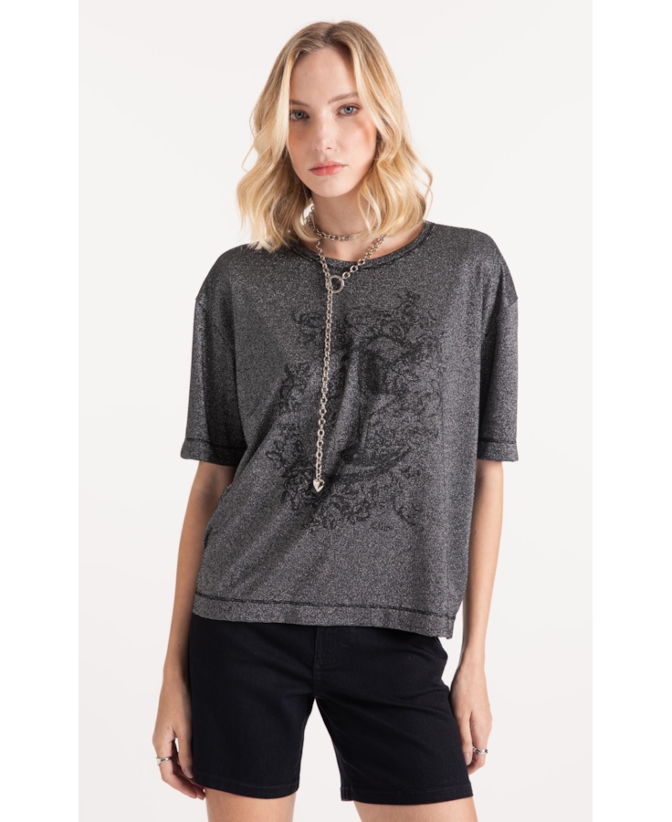 Blusa Lurex Stripe Brasão Loose Preto