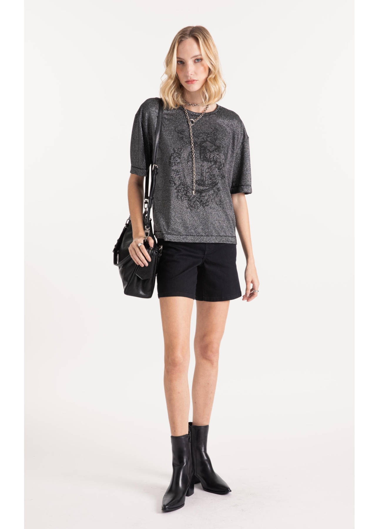 Blusa Lurex Stripe Brasão Loose Preto