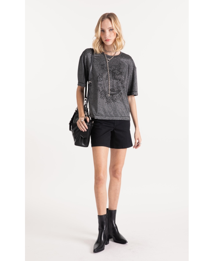 Blusa Lurex Stripe Brasão Loose Preto