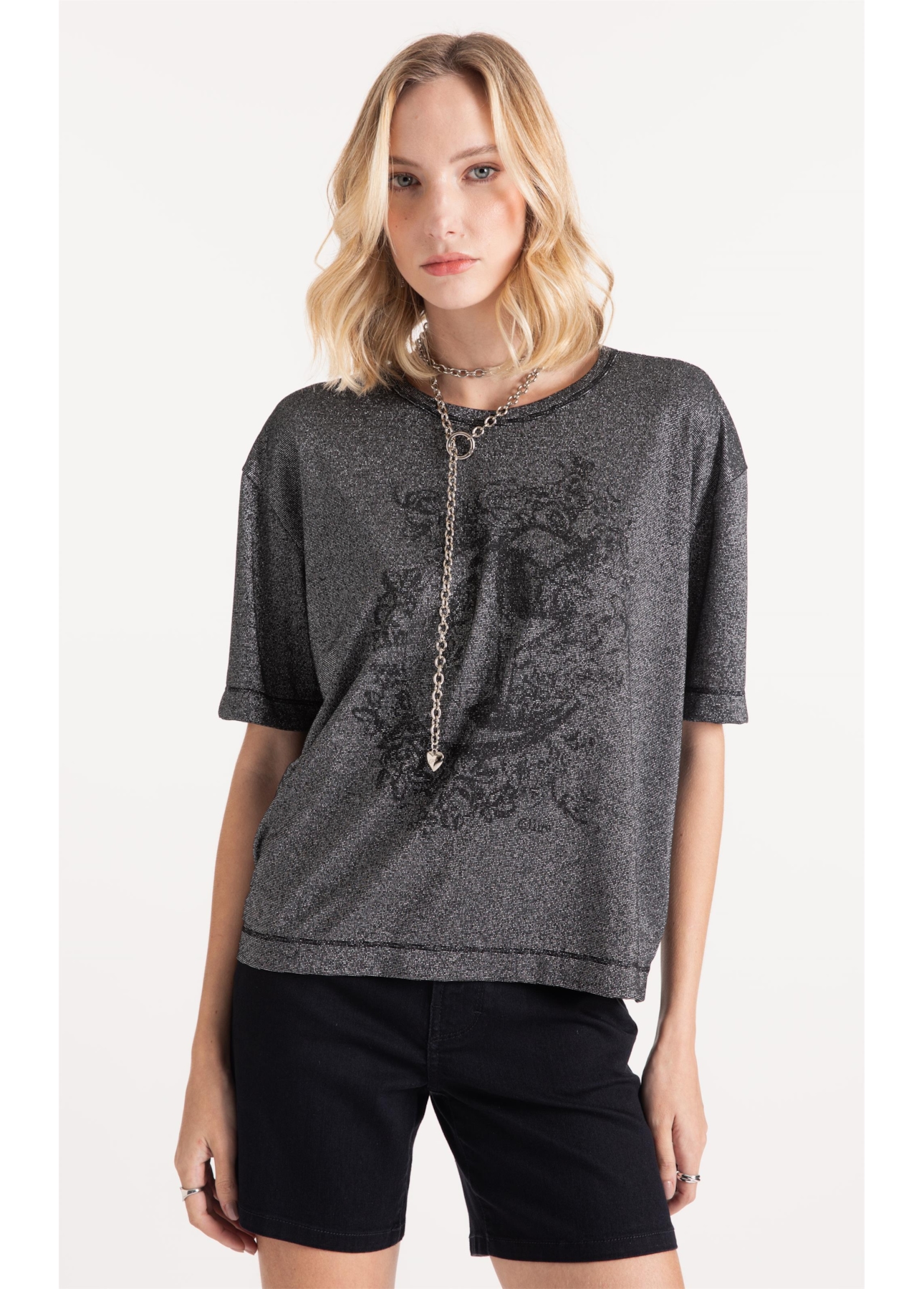 Blusa Lurex Stripe Brasão Loose Preto