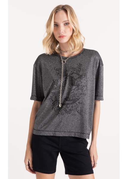 Blusa Lurex Stripe Brasão Loose Preto